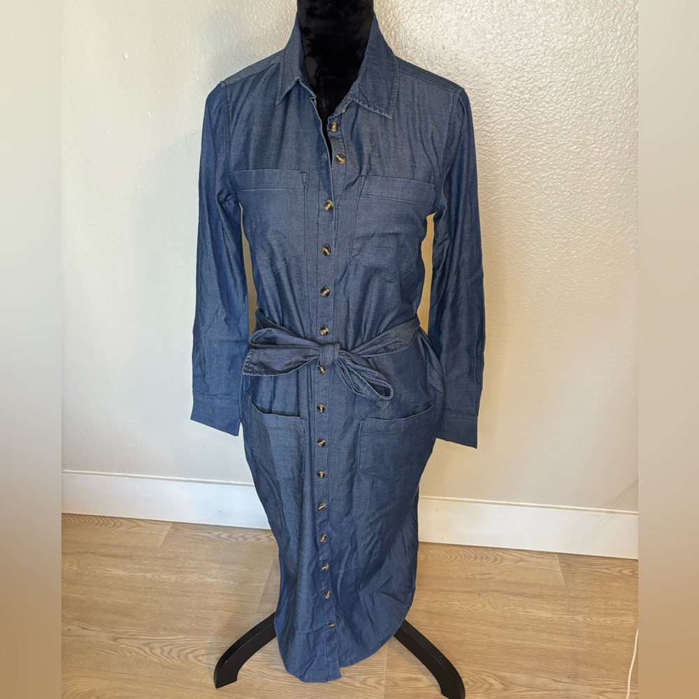 Universal Standard Denim Stule Button-Front Shirt Dress w Tie Waist Size 4XS NWT